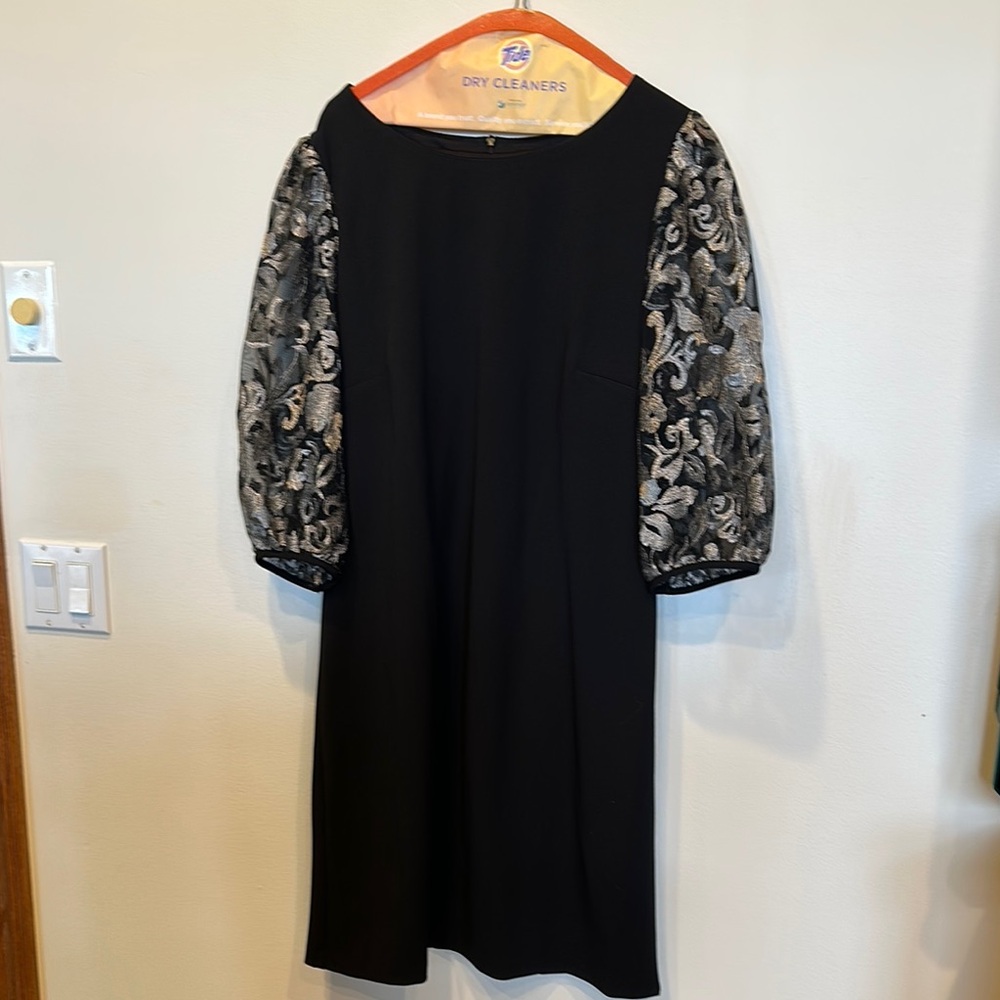 Connected Apparel Black Dress with Silver Patterned Sleeves